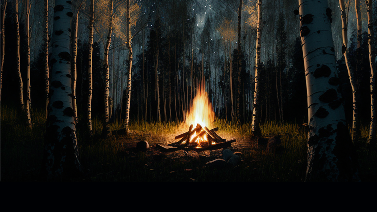 a campfire burning at night in a grove of birch trees